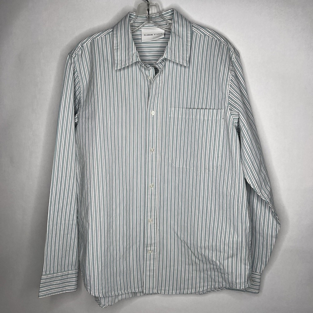 Plenum Studio Heavyweight 100% Cotton Dress Shirt Green Blue Striped S Oxford